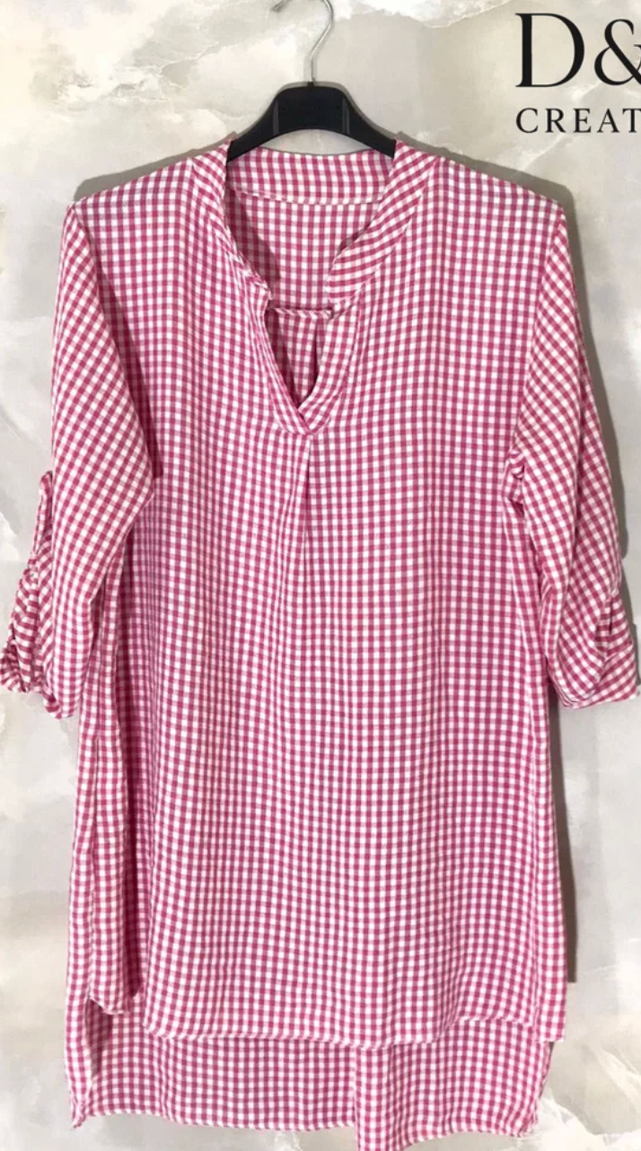 Striped Tunisian collar blouse sizes 38 to 50 fuchsia