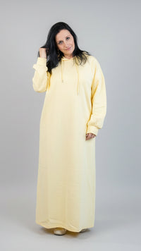 Lichte gele hoodie jurk met capuchon, casual stijl voor dames.