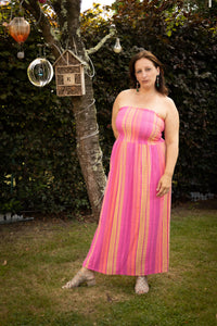 Bohemian printed cotton gauze strapless dress- fuschia