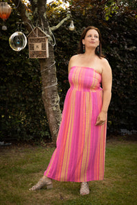 Bohemian printed cotton gauze strapless dress- fuschia