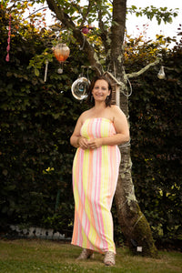 Bohemian printed cotton gauze strapless dress- geel