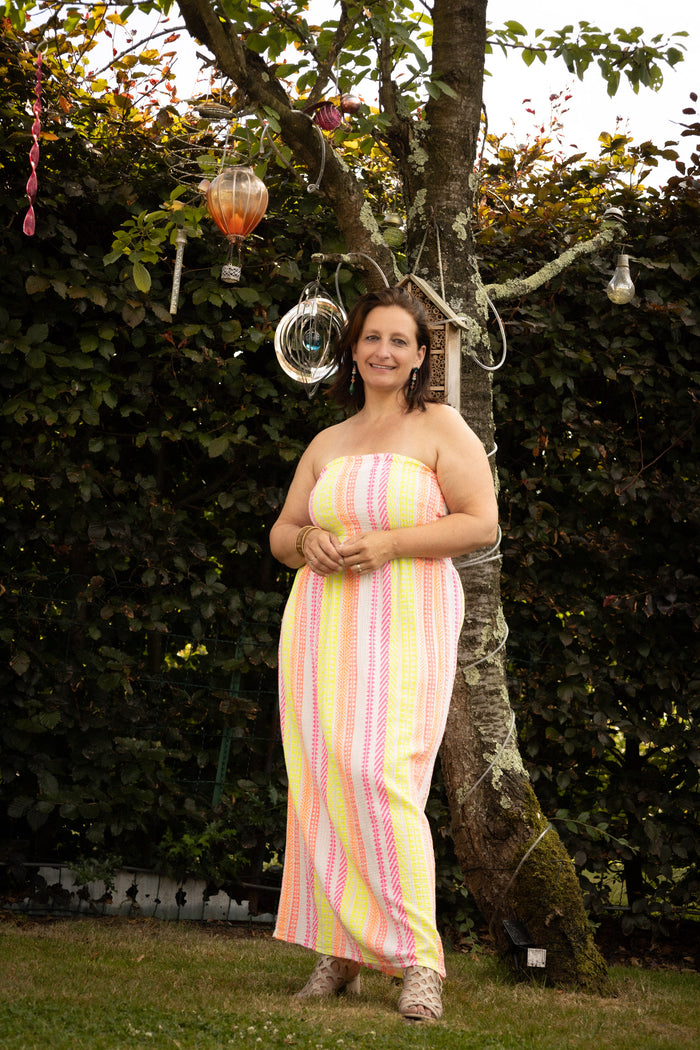 Bohemian printed cotton gauze strapless dress- geel