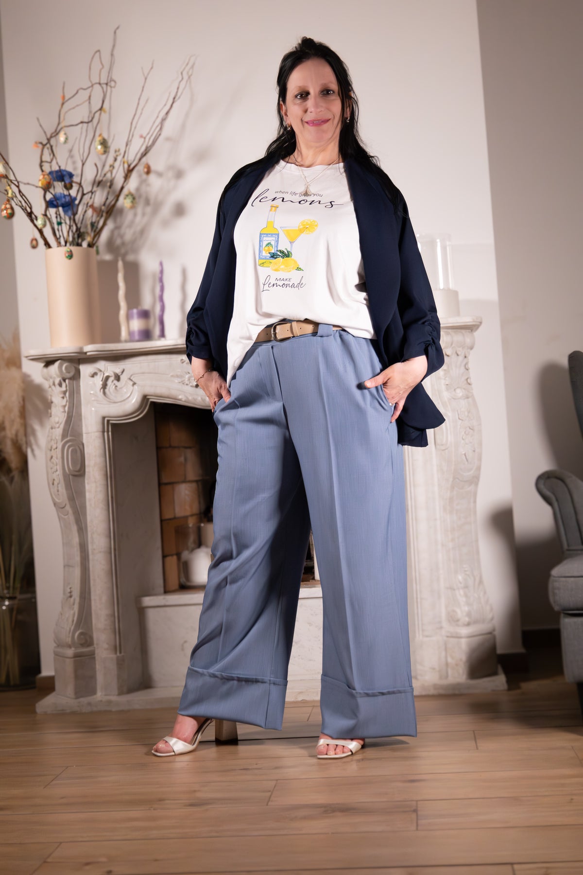 Broek Azzurro Elegante – blauwe broek met wijde pijpen big size