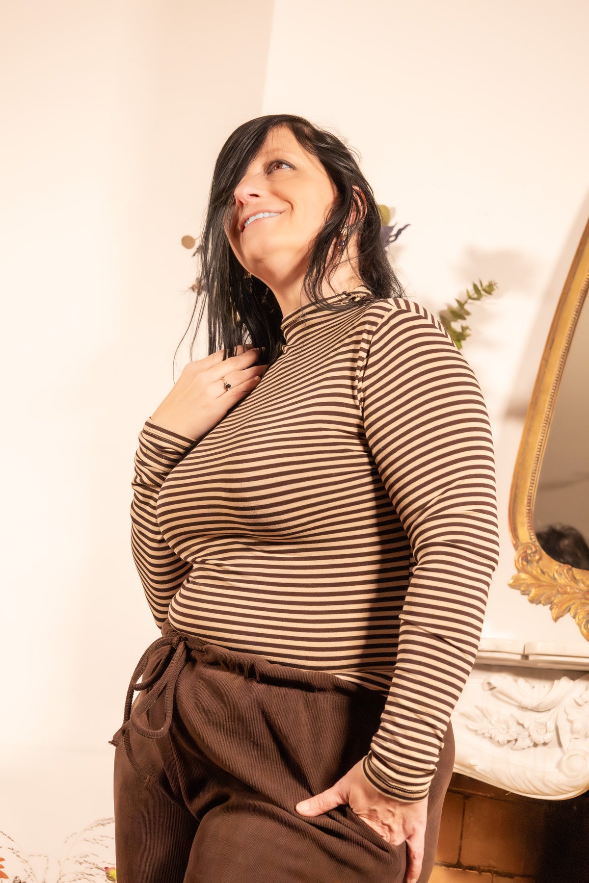 She & Me Dolci Giorni Lina gestreepte coltrui zand bruin – Cosy & Chill collectie – damesmode Duffel