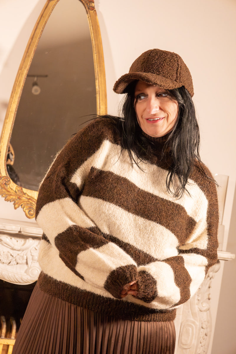 She & Me Dolci Giorni Amica trui bruin ecru gestreept – Cosy & Chill collectie – damesmode Duffel