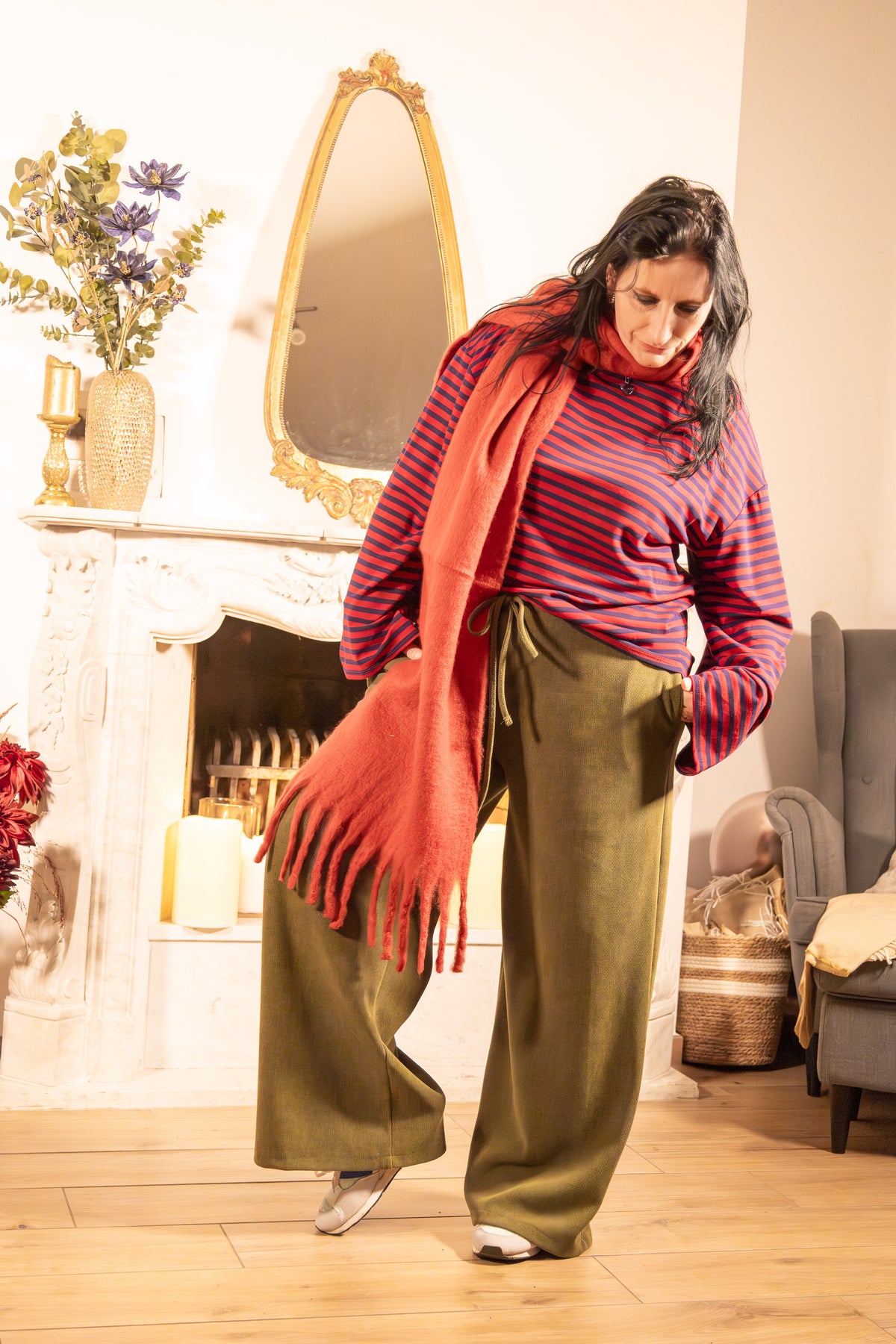 Lange Broek Met lint olijfgroen