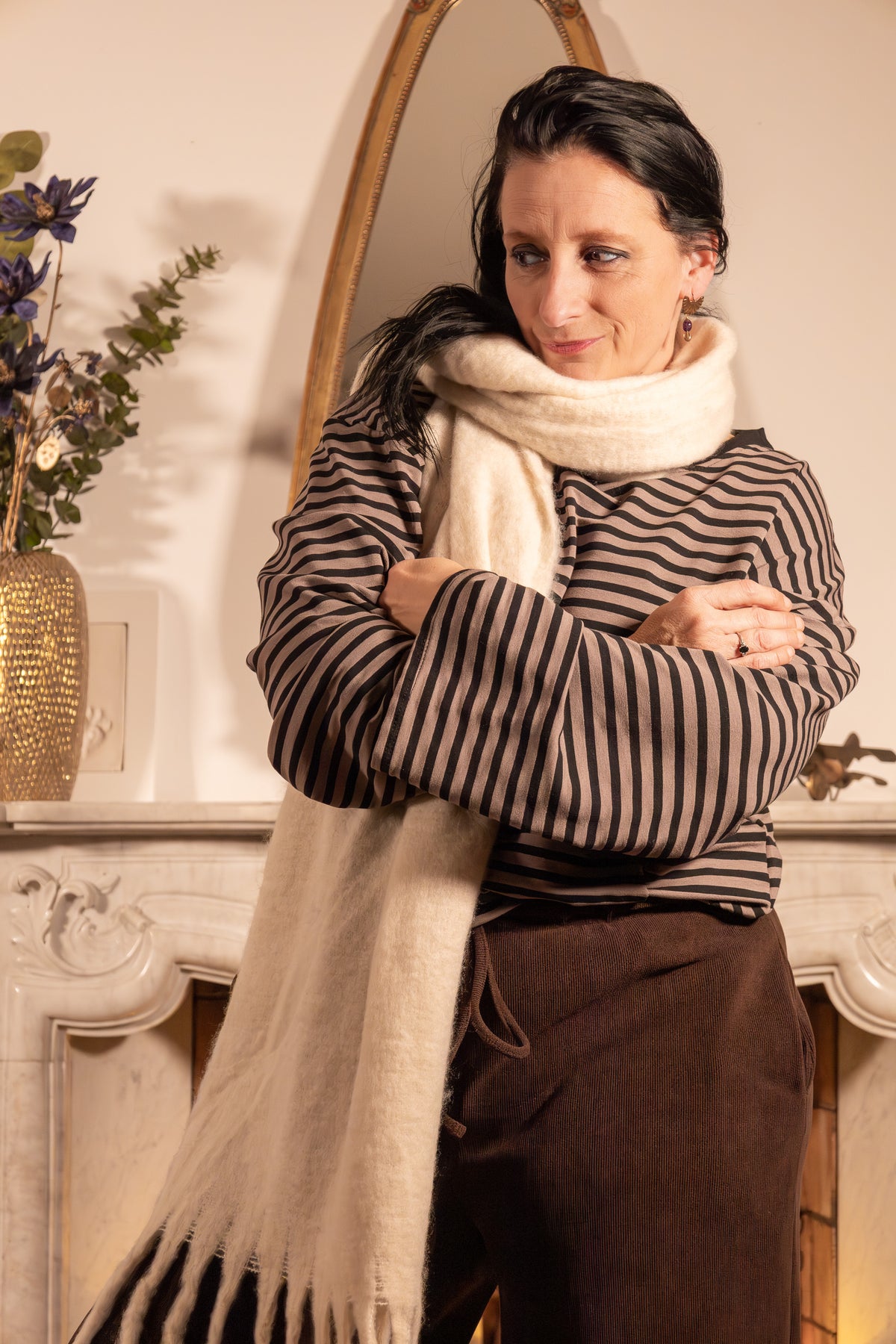 Striped casual long-sleeve relaxed-fit sweater taupe