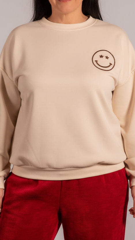 She & Me Dolci Giorni Sorriso beige sweater met geborduurde smiley – Cosy & Chill collectie – damesmode Duffel