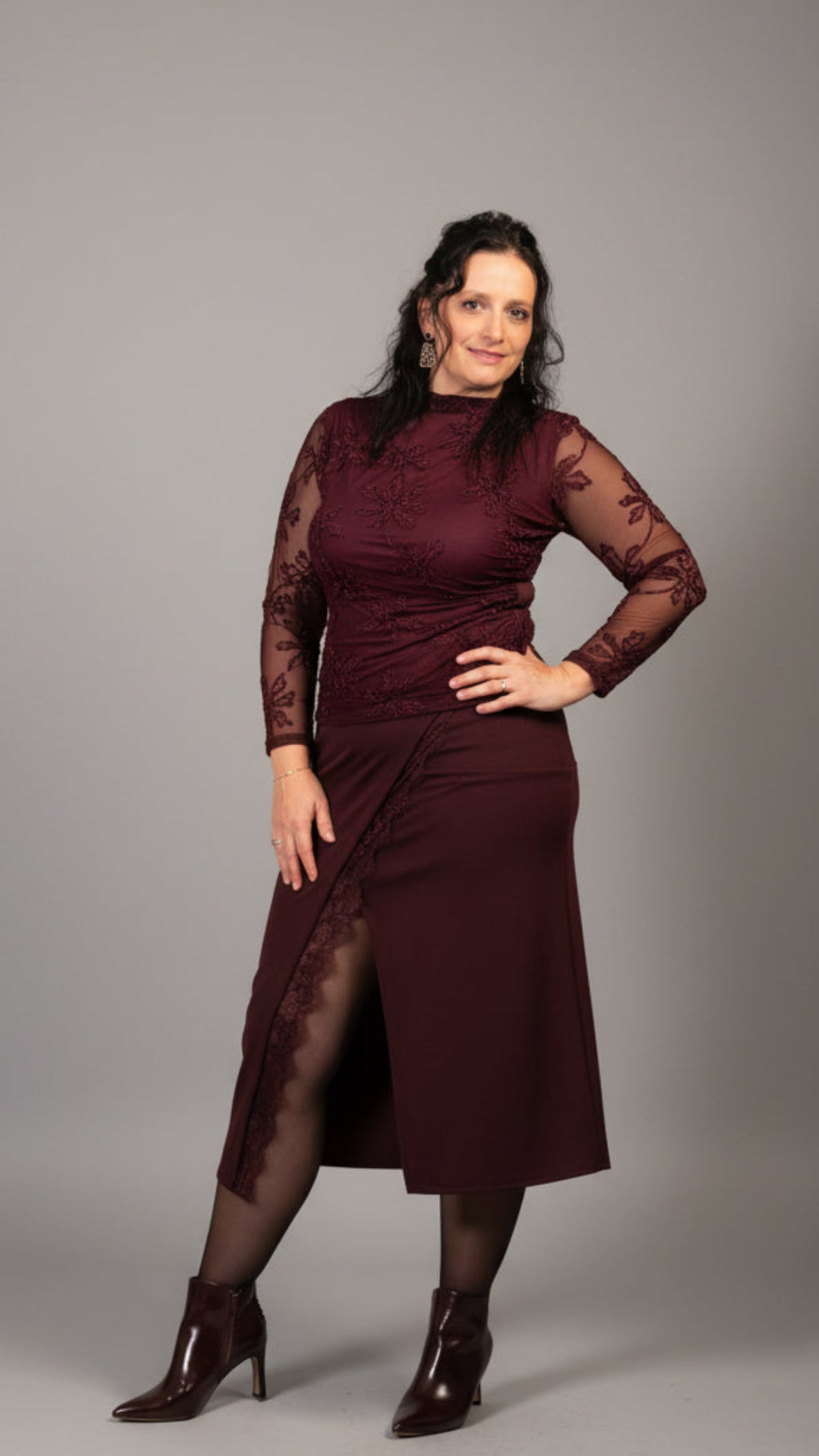 Maxi Rok met Kanten Details Bordeaux